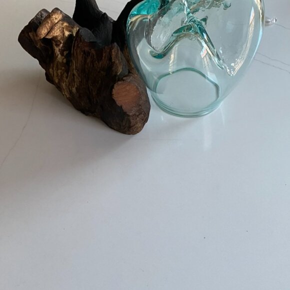 Handmade Art Glass Wood Vase Blown Molten Glass Bowl Teak Base Terrarium NEW - Picture 11 of 16